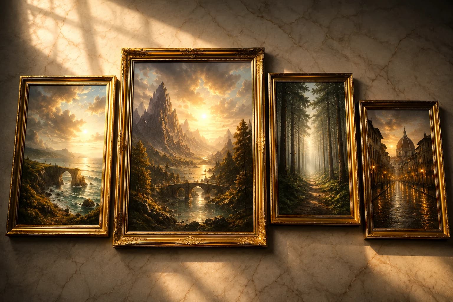 Quatre tableaux encadrés de doré, éclairés par une lumière chaude.